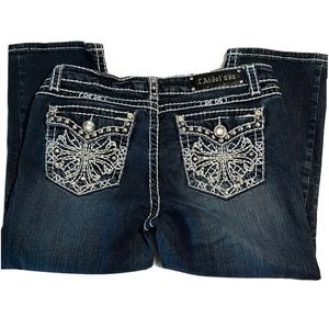 L. A. Idol USA Capris Jeans Sz 13 Heavy Top Stitch Bejeweled Pockets Mid Rise